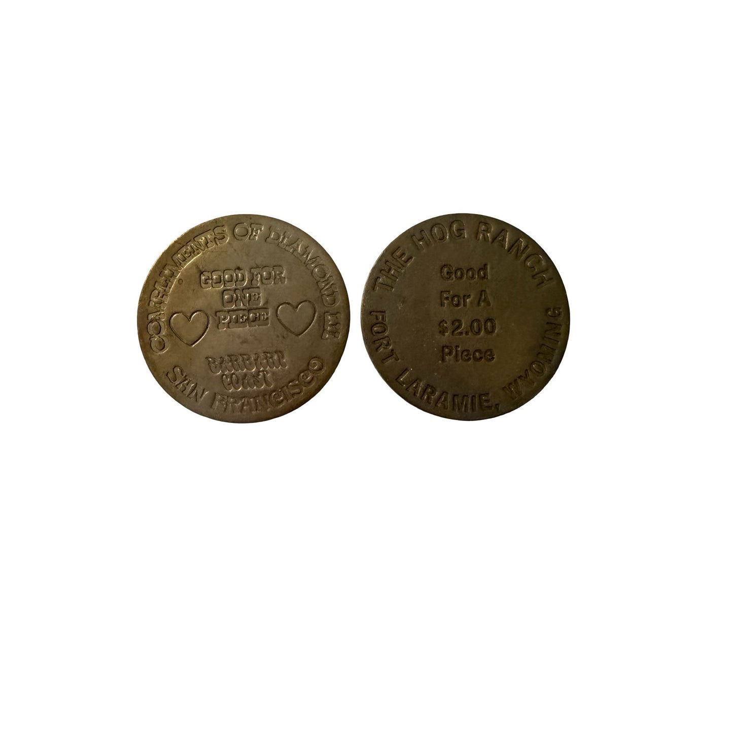 Lot of 2 Vintage Brass Hog Ranch Fort Laramie Wyoming Fantasy Brothel Tokens Novelty Exonumia