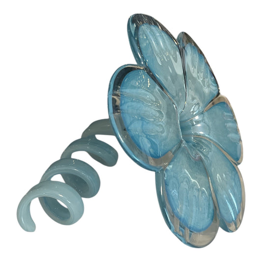 Hand-Blown Art Glass Flower Sculpture – Blue & White Swirl – Curling Stem 7"