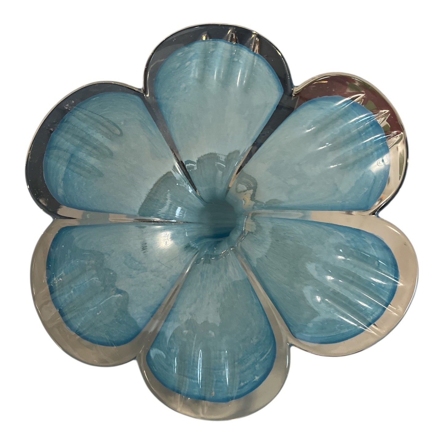 Hand-Blown Art Glass Flower Sculpture – Blue & White Swirl – Curling Stem 7"