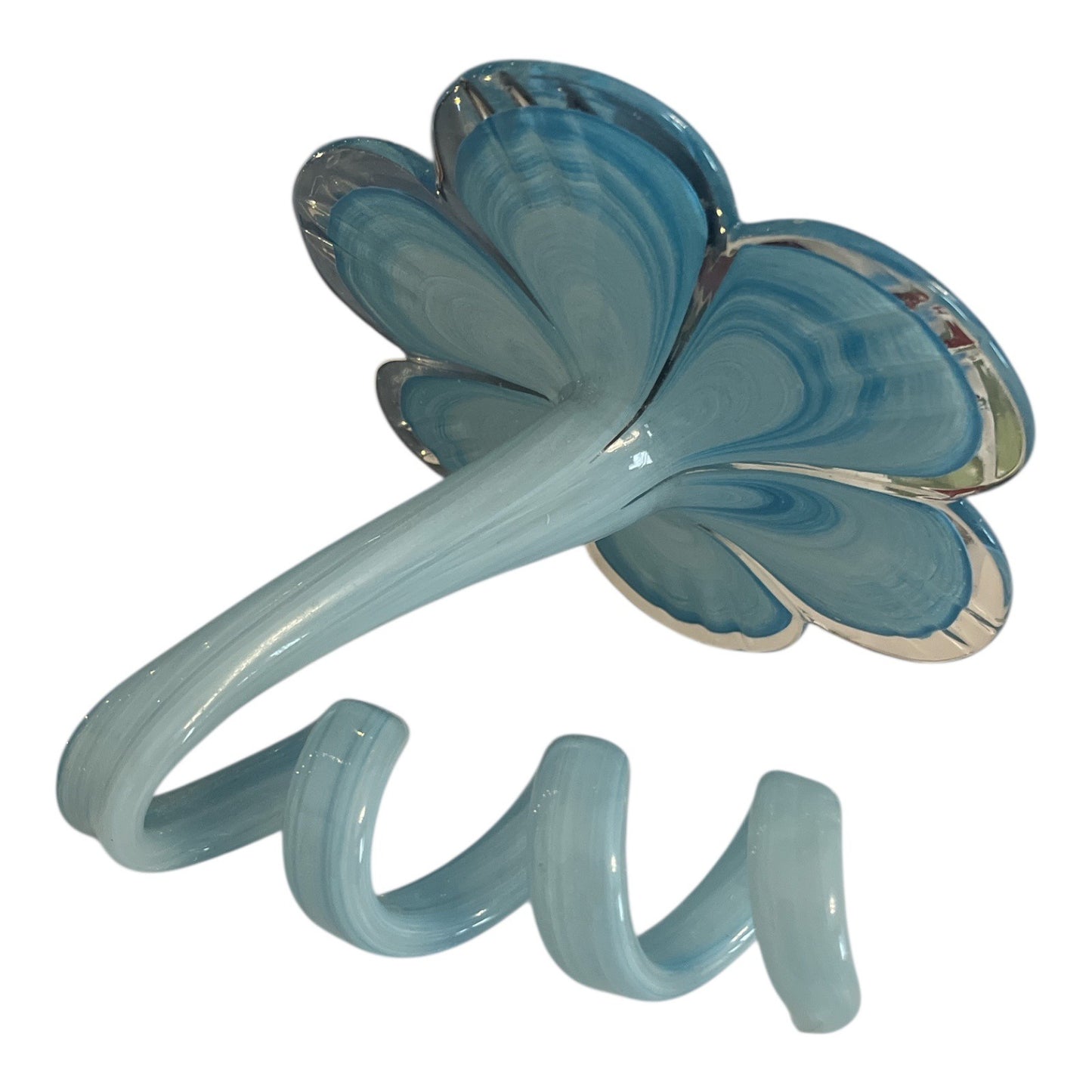 Hand-Blown Art Glass Flower Sculpture – Blue & White Swirl – Curling Stem 7"