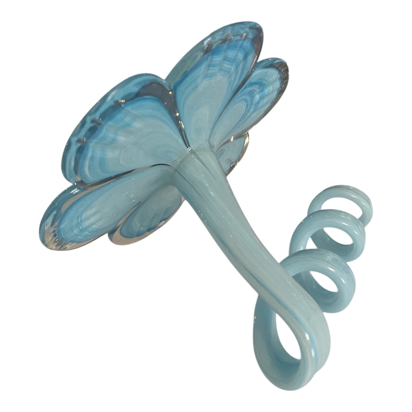 Hand-Blown Art Glass Flower Sculpture – Blue & White Swirl – Curling Stem 7"