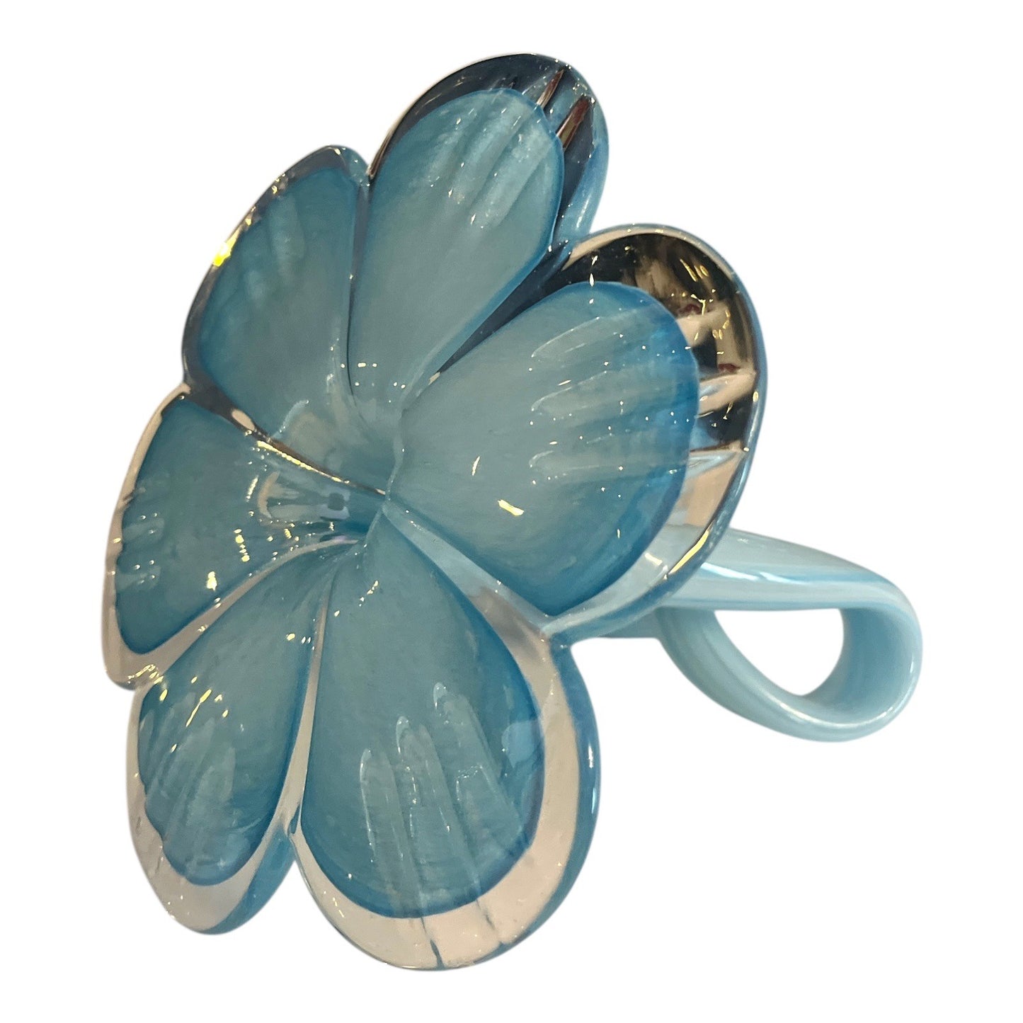 Hand-Blown Art Glass Flower Sculpture – Blue & White Swirl – Curling Stem 7"