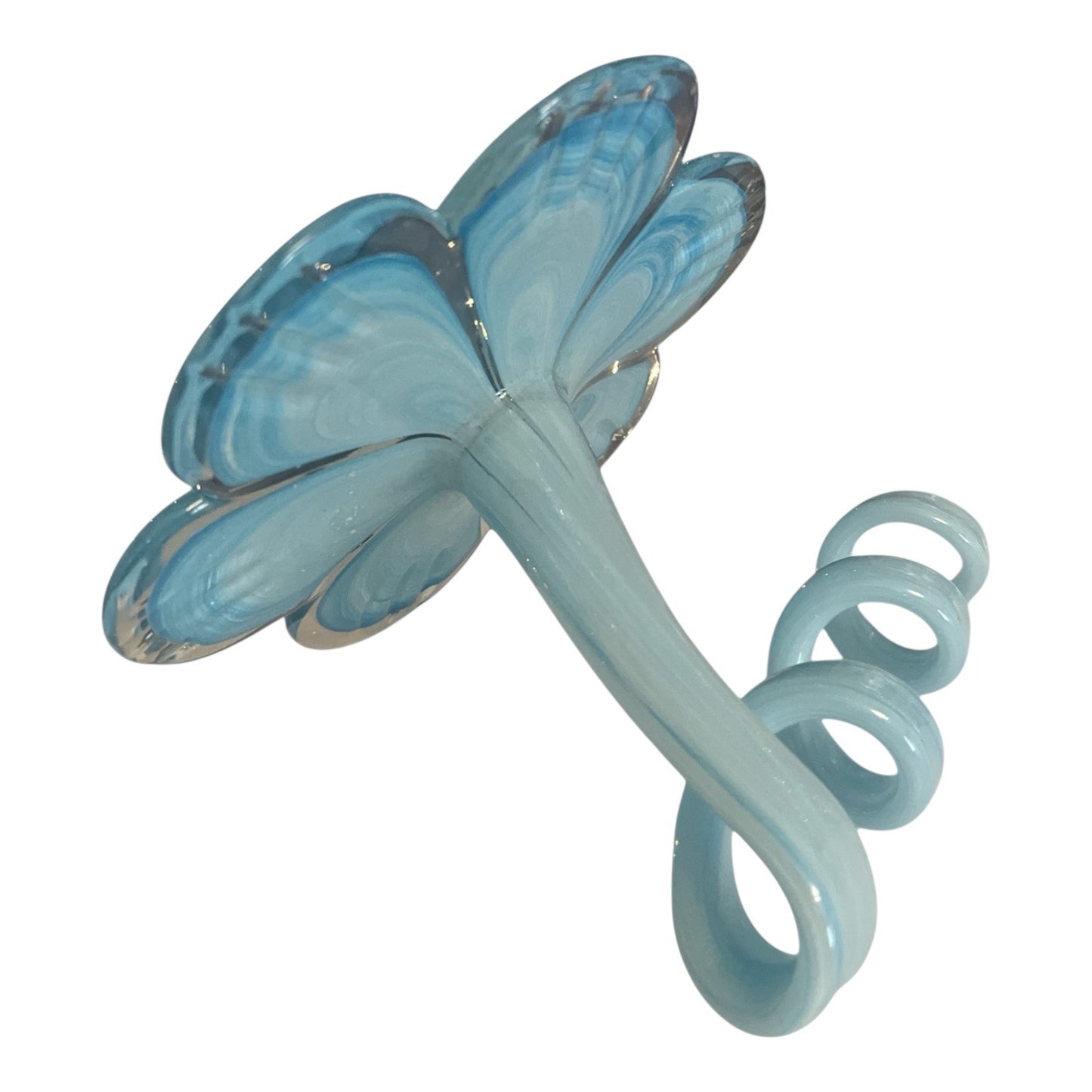 Hand-Blown Art Glass Flower Sculpture – Blue & White Swirl – Curling Stem 7"