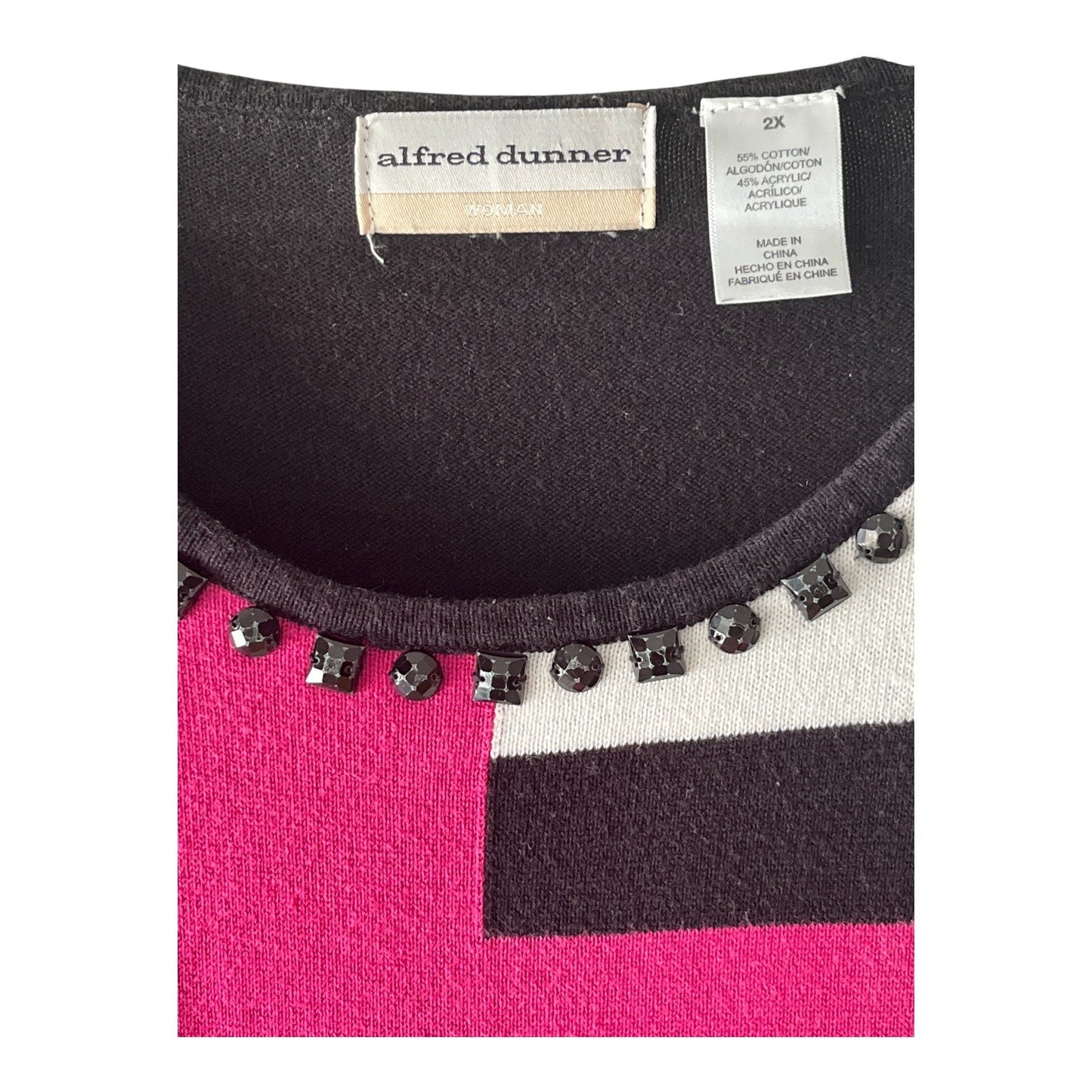 Alfred Dunner Women’s 2X Geometric Colorblock Sweater Top Pink Black White Beaded Neckline