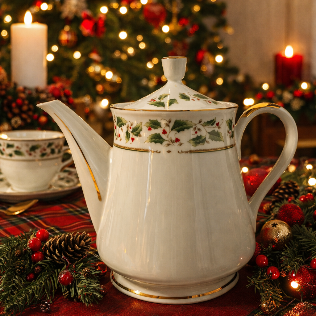Royal Limited Holly Holiday Teapot Made in Japan Gold Trim Porcelain