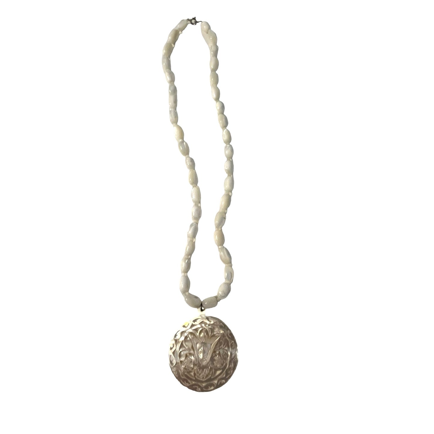 Vintage Sabra Intl Ltd Abalone Shell Pendant Necklace White Beaded Strand Floral Carved 8 Inch Drop