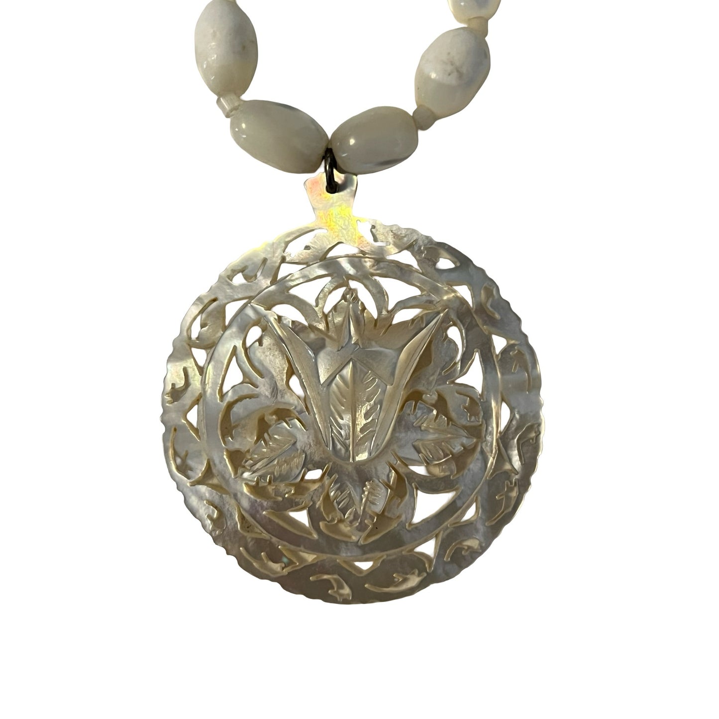 Vintage Sabra Intl Ltd Abalone Shell Pendant Necklace White Beaded Strand Floral Carved 8 Inch Drop