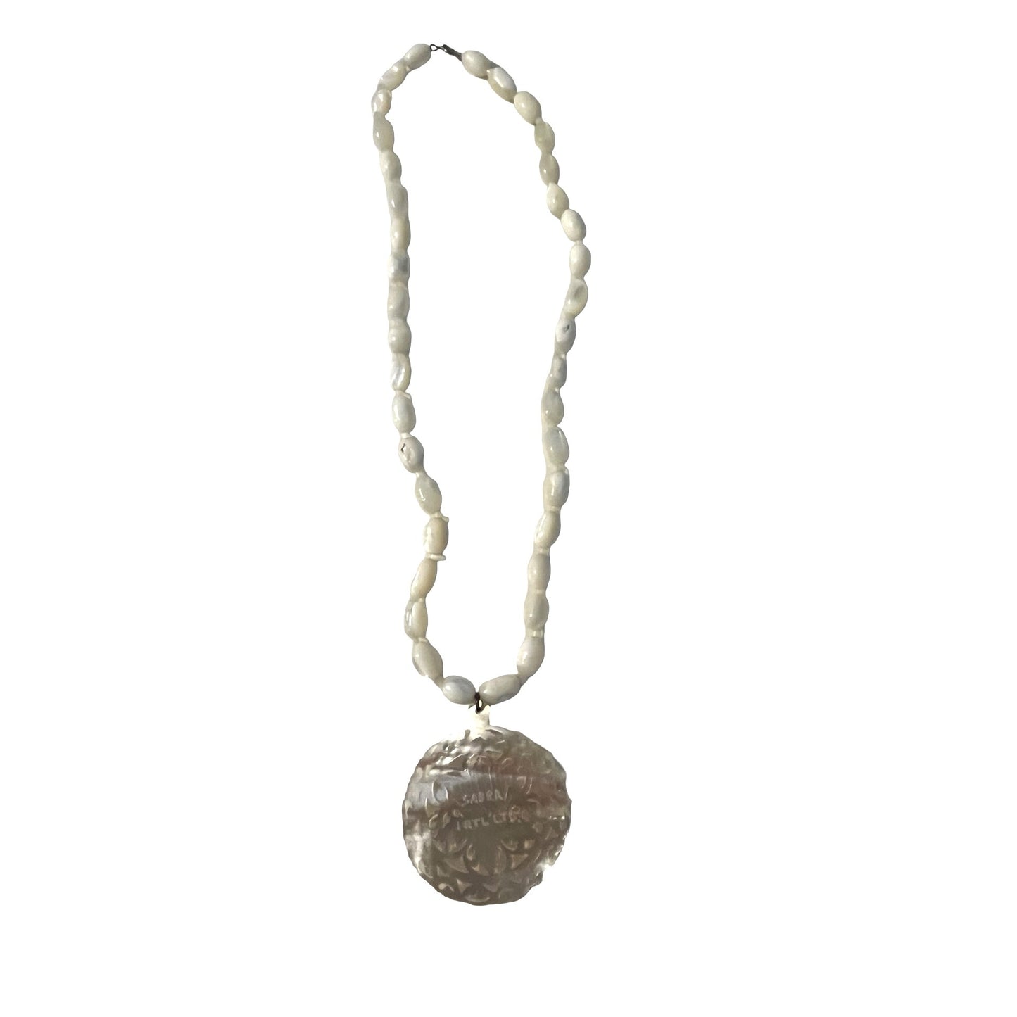 Vintage Sabra Intl Ltd Abalone Shell Pendant Necklace White Beaded Strand Floral Carved 8 Inch Drop