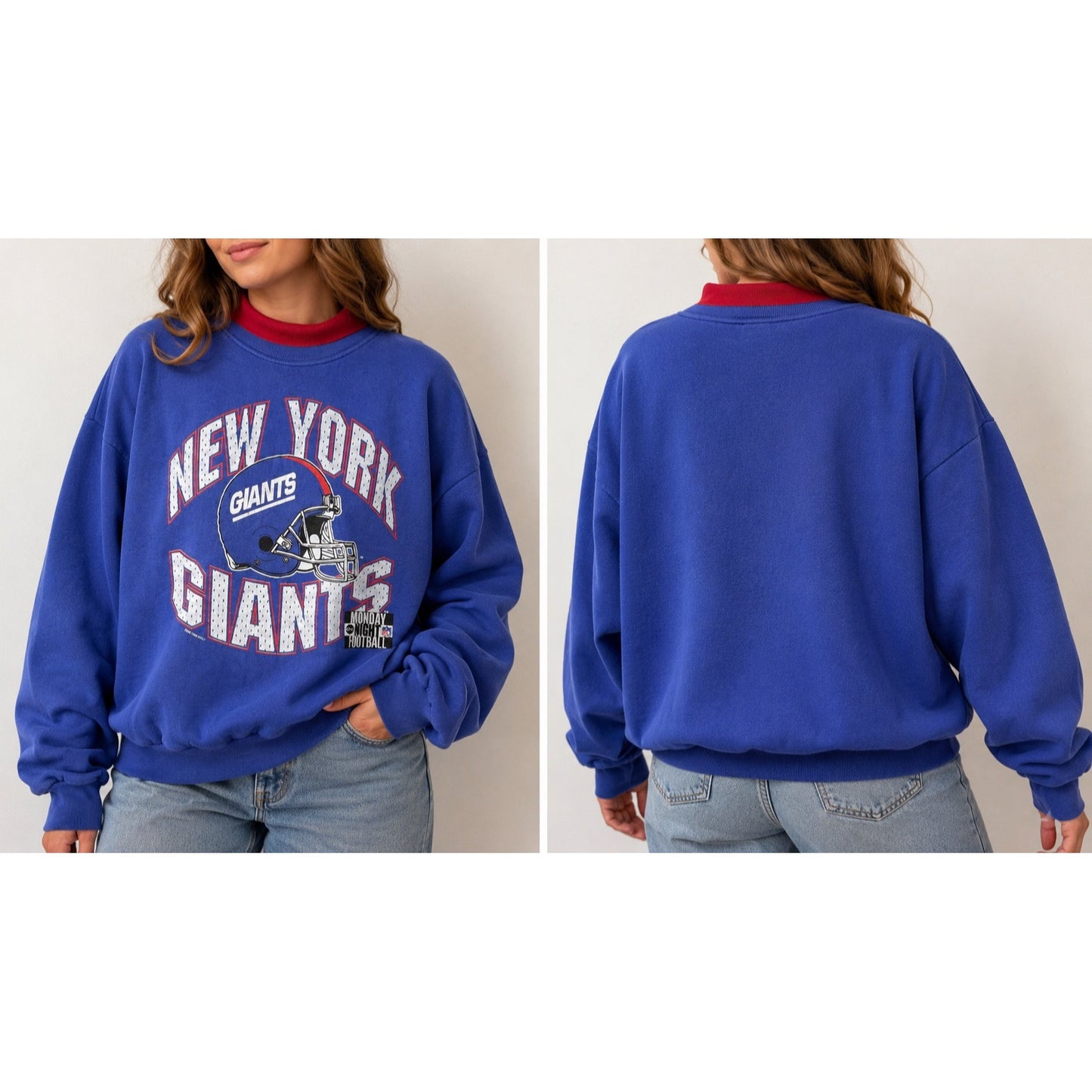Vintage 1990 New York Giants Monday Night Football Sweatshirt XL USA Blue Mock Neck NFL