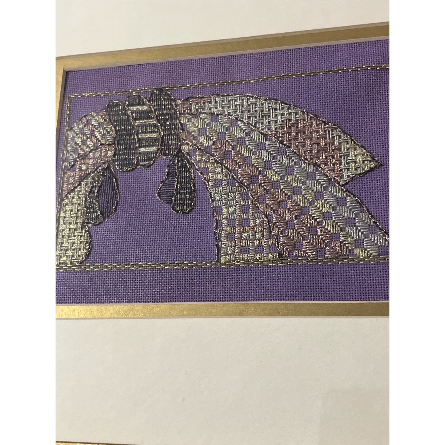 Vintage Metallic Needlepoint Bow Art – Hand-Stitched Embroidery – Gold Framed 14x12