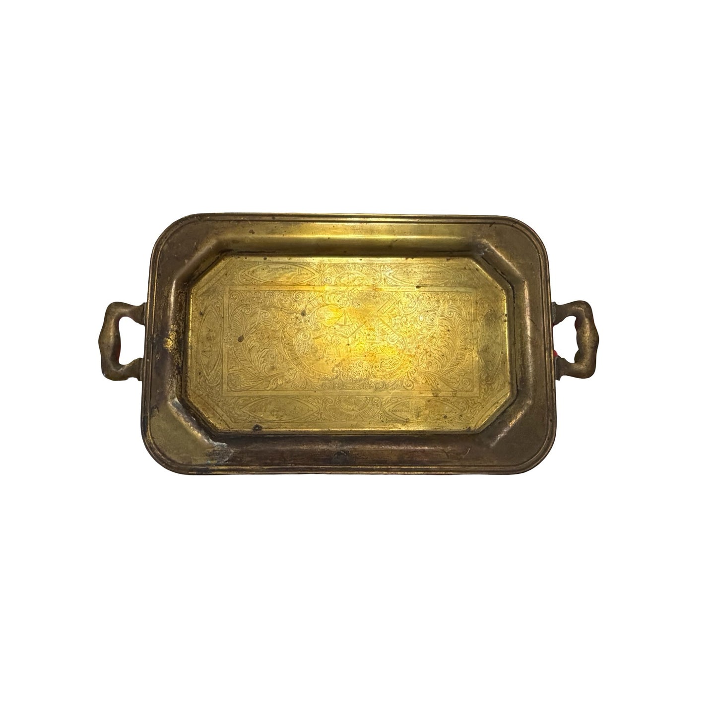 Antique Brass Tone Dutch Windmill Serving Tray Rectangular Handled Etched Metal 16x9