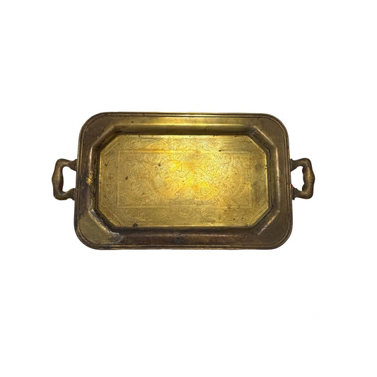 Antique Brass Tone Dutch Windmill Serving Tray Rectangular Handled Etched Metal 16x9