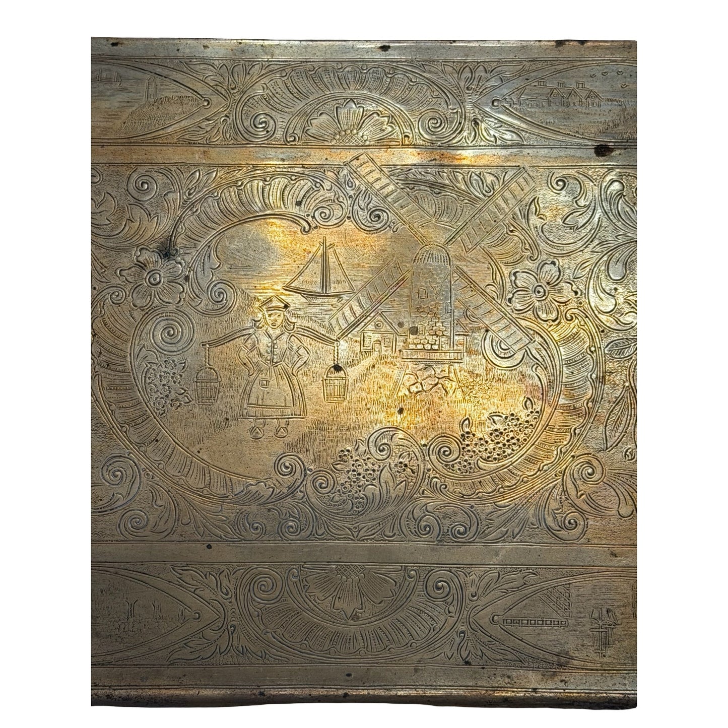 Antique Brass Tone Dutch Windmill Serving Tray Rectangular Handled Etched Metal 16x9