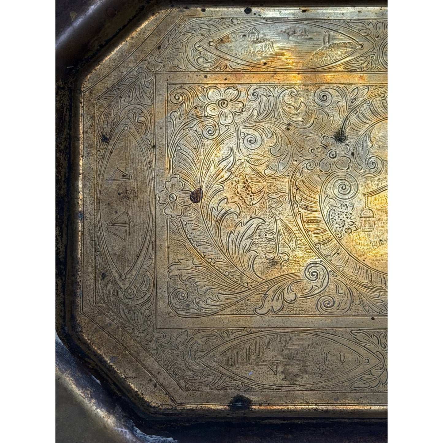 Antique Brass Tone Dutch Windmill Serving Tray Rectangular Handled Etched Metal 16x9