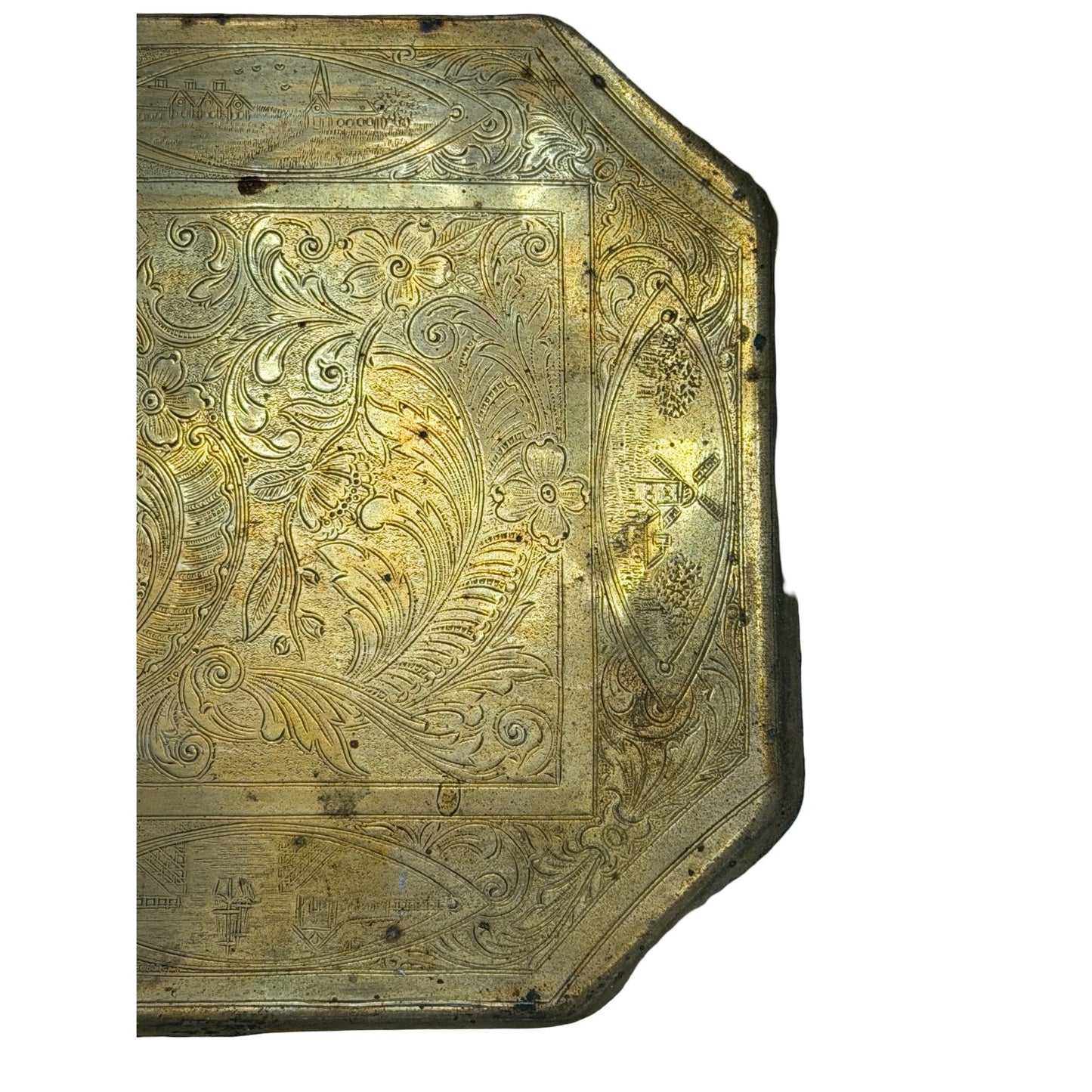 Antique Brass Tone Dutch Windmill Serving Tray Rectangular Handled Etched Metal 16x9