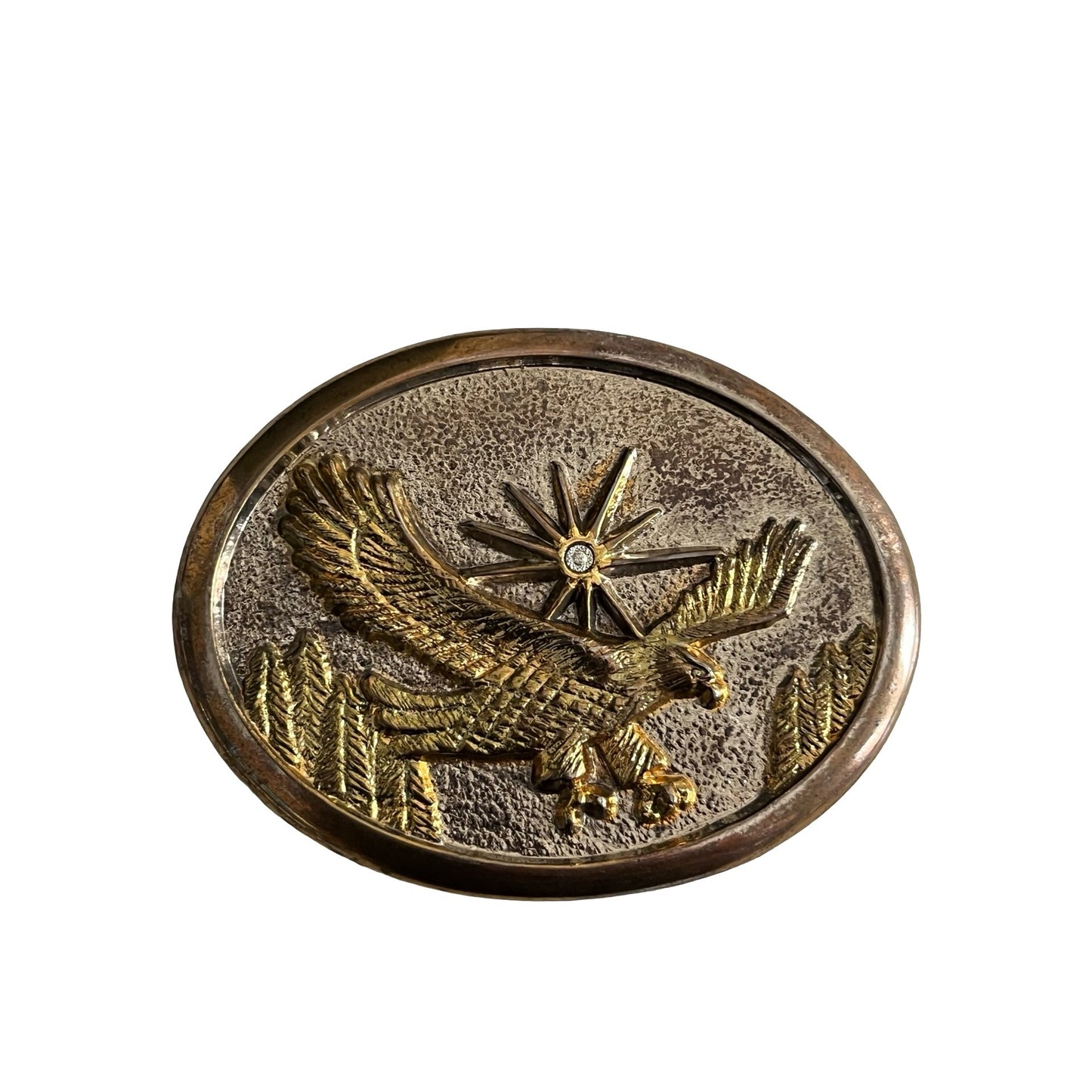Vintage Eagle Belt Buckle Western Americana Flying Eagle Star Forest Scene 1980s