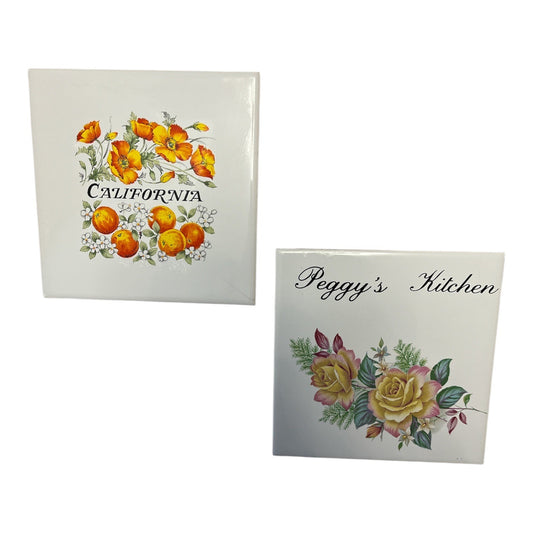 Set of 2 Vintage Decorative Ceramic Tiles – “California” & “Peggy’s Kitchen” – Cork Backed