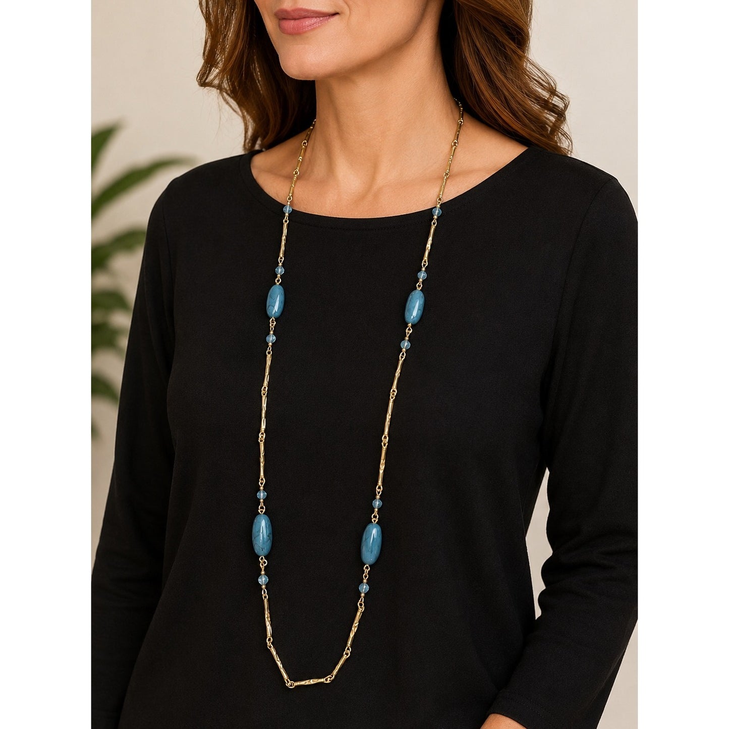 Vintage Sarah Coventry Blue Bead Gold Tone Station Necklace 34 Inch