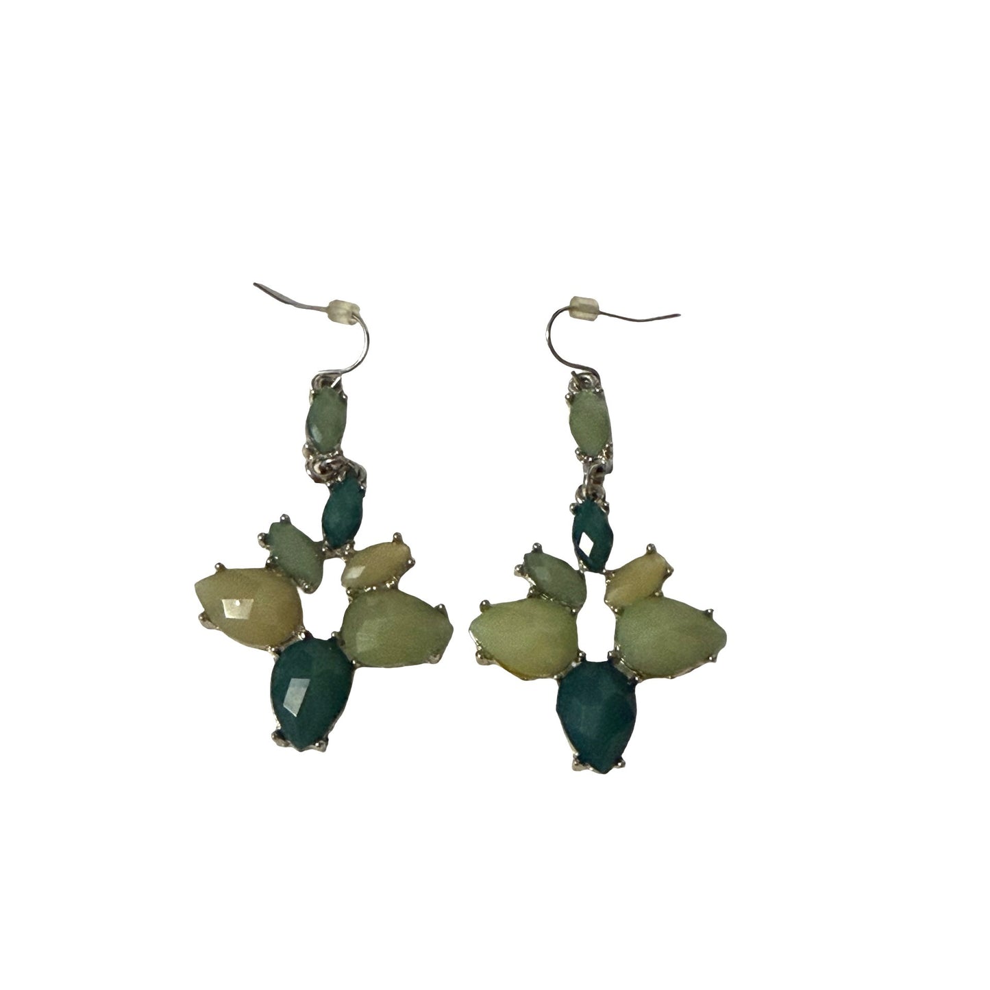 Green & Yellow Faceted Rhinestone Chandelier Dangle Earrings Silver Tone
