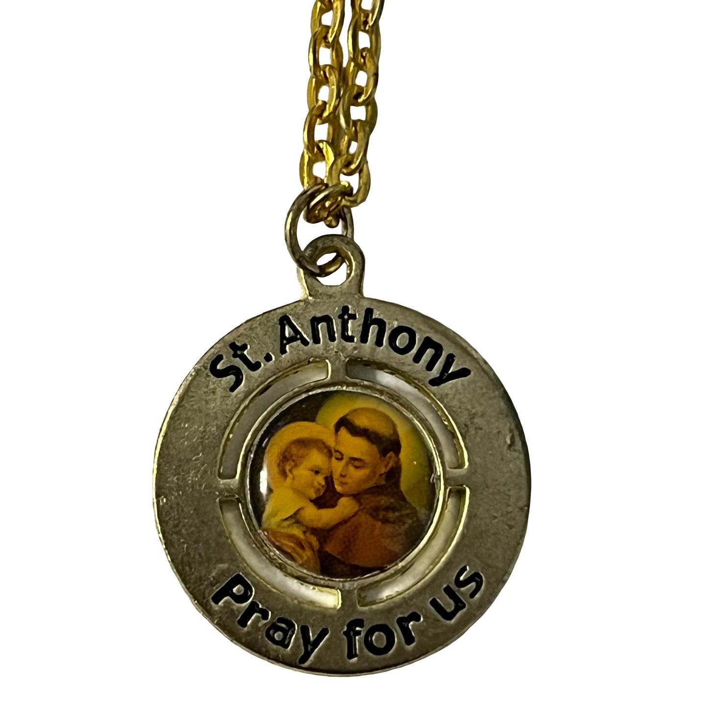 Vintage St Anthony Medal Necklace Pray for Us Gold Tone Chain Catholic Religious Pendant