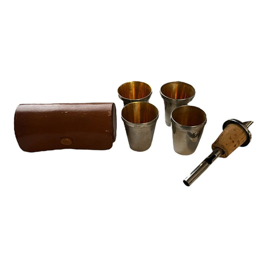 Vintage German Travel Bar Set with 4 Metal Shot Glasses & Cork Pour Spout in Leather Case – Made in Germany