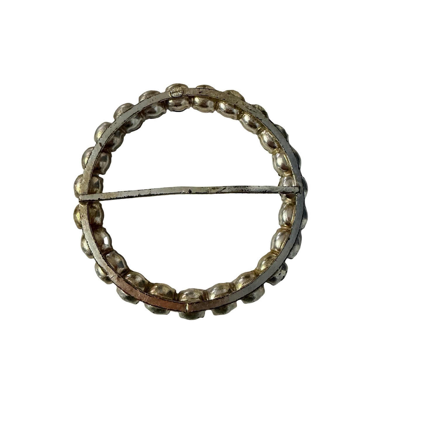 Vintage Czechoslovakia Rhinestone Circle Scarf Slide Buckle 3 Inch Silver Tone