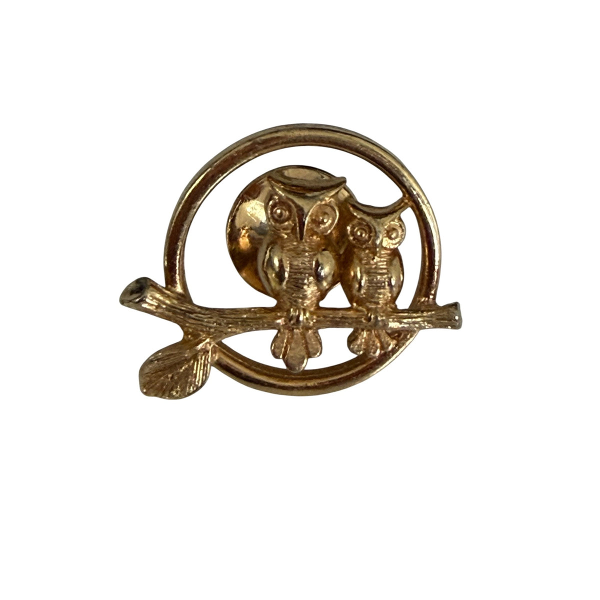 Vintage Avon Two Owls on Branch Gold Tone Lapel Pin Tie Tack 3/4"
