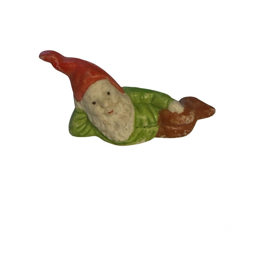 Vintage Miniature Ceramic Reclining Gnome Figurine Elf Pixie Red Hat 2.5"