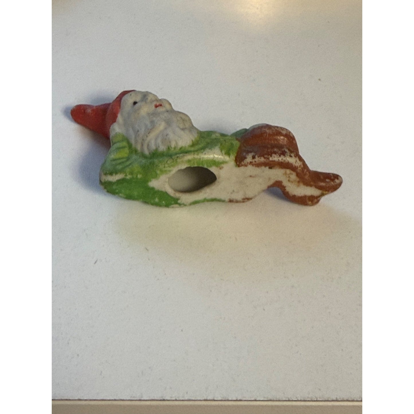 Vintage Miniature Ceramic Reclining Gnome Figurine Elf Pixie Red Hat 2.5"