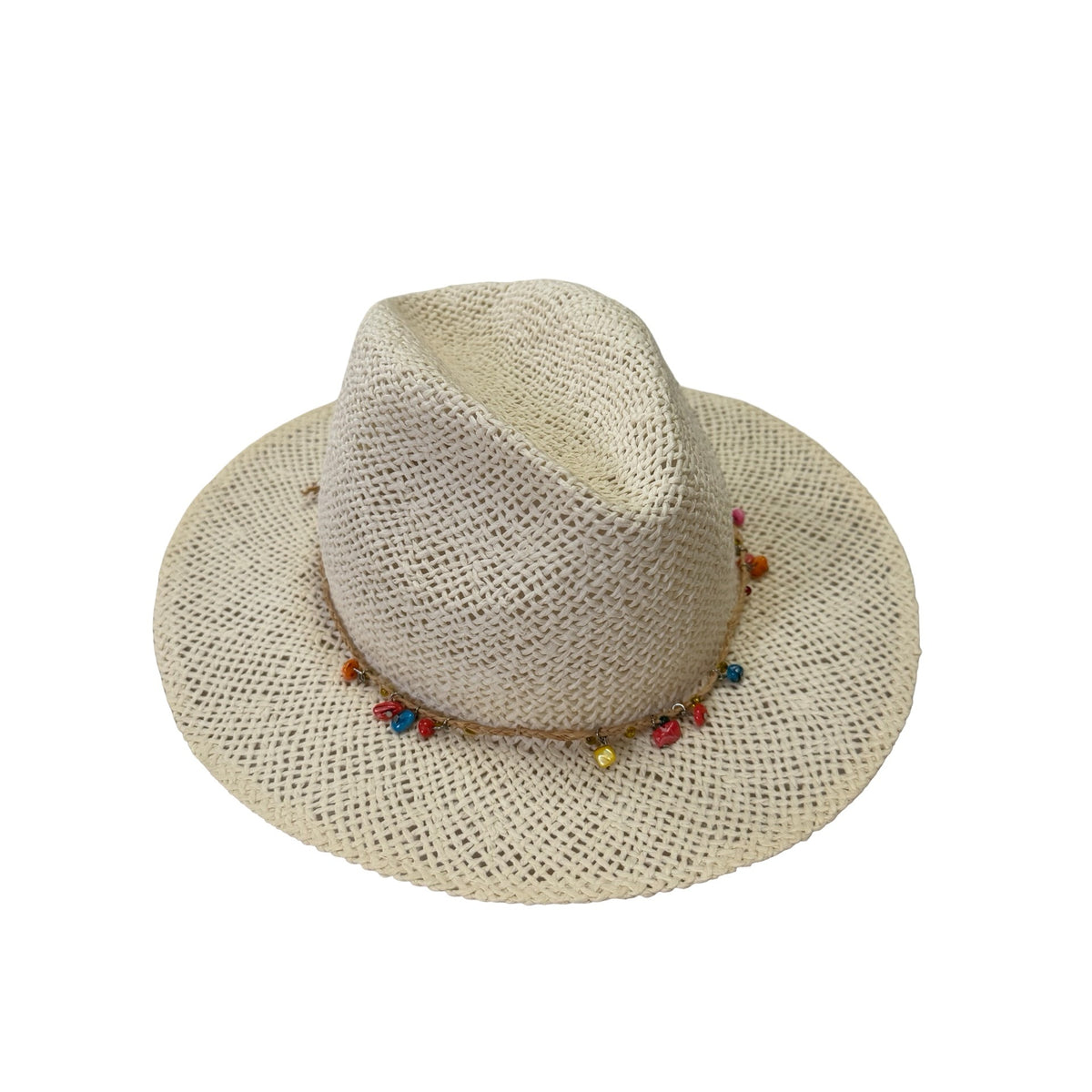 Italian Paper Straw Fedora Hat Cream Wide Brim Colorful Beaded Band Size 57