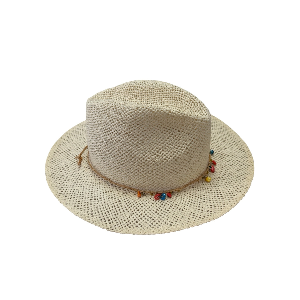 Italian Paper Straw Fedora Hat Cream Wide Brim Colorful Beaded Band Size 57