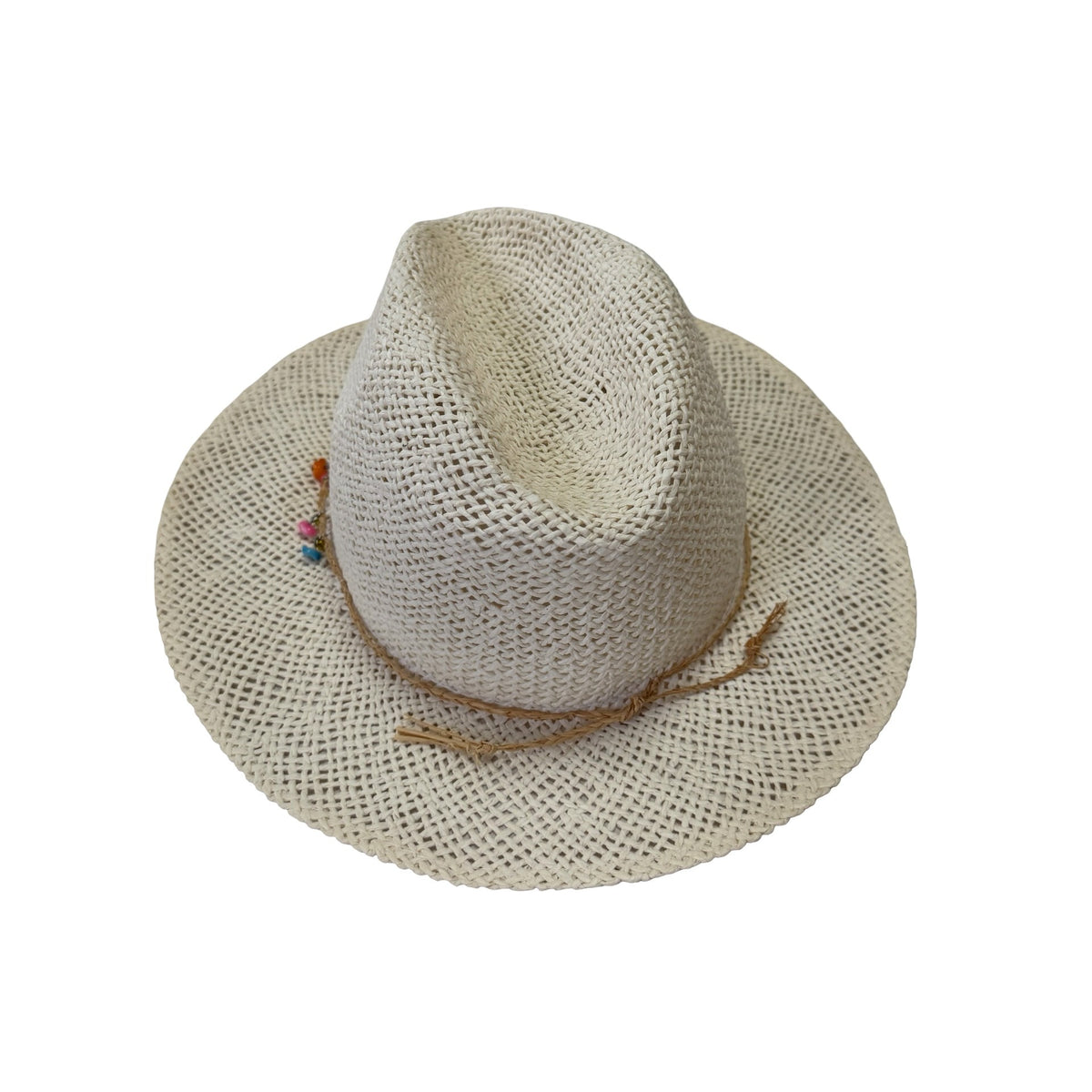 Italian Paper Straw Fedora Hat Cream Wide Brim Colorful Beaded Band Size 57