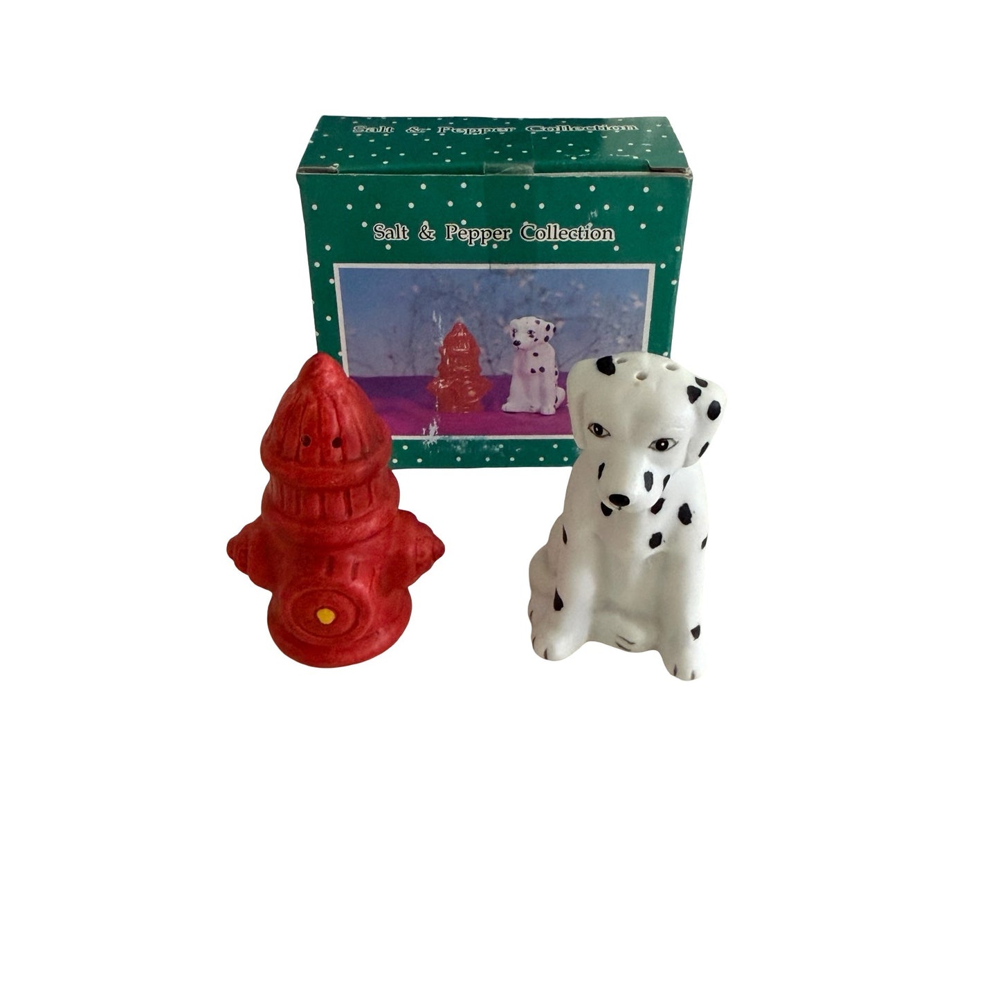 Vintage Young’s Inc Dalmatian & Fire Hydrant Salt and Pepper Shakers With Box
