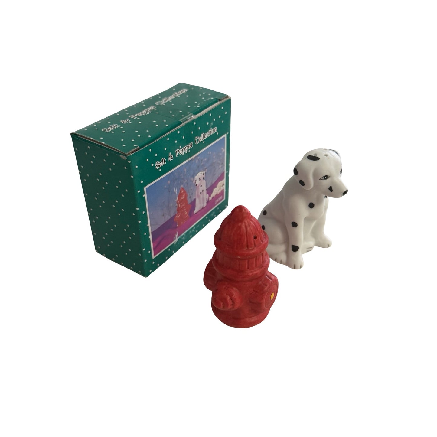 Vintage Young’s Inc Dalmatian & Fire Hydrant Salt and Pepper Shakers With Box
