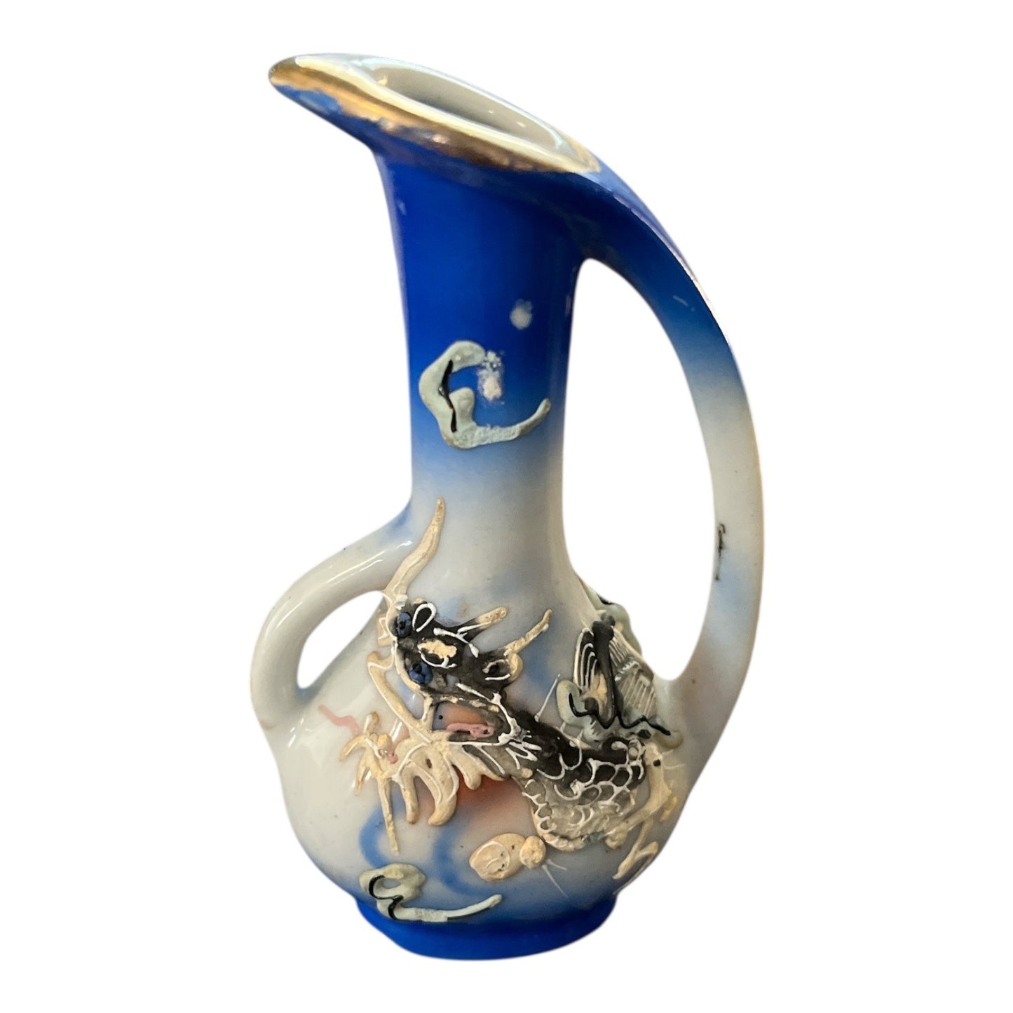 Vintage Japanese Dragonware Moriage Mini Pitcher – Blue with Raised Dragon Design