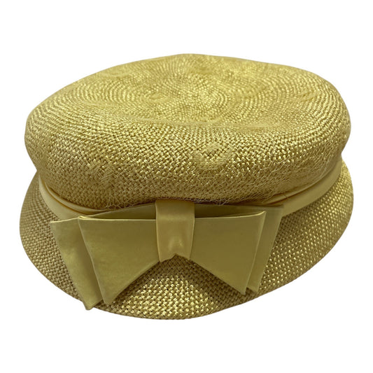 Vintage Edwards Original Yellow Straw Hat with Bow & Net Overlay – 1950s to 1960s – Size 22