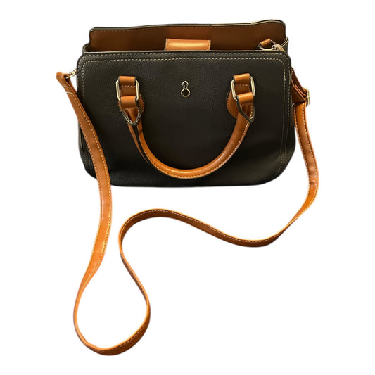 London Fog Black Pebbled Faux Leather Satchel – Tan Trim – 8 x 12 x 5 in – Gold Hardware