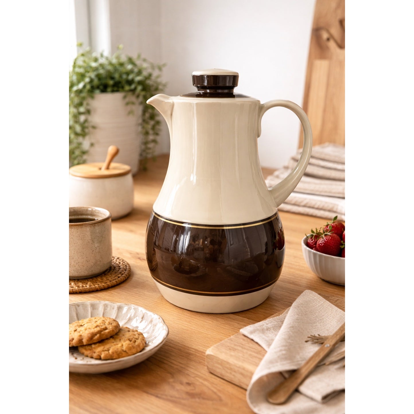 Vintage Thermos Carafe Model 570 Brown Cream Insulated Pitcher West Germany 11x7