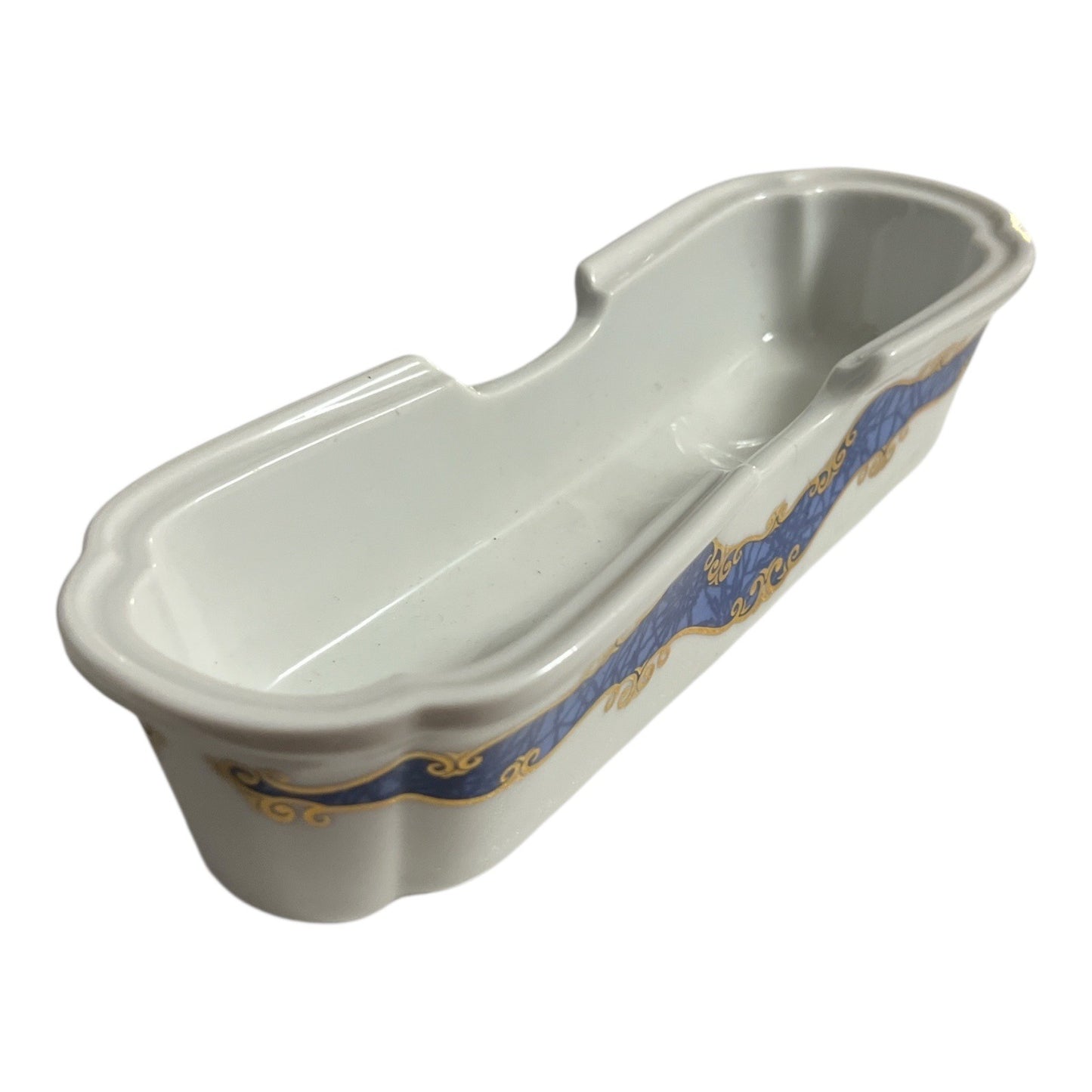 Vintage My Life Azabu Tatsumi Japanese Porcelain Chopstick / Utensil Rest Blue Gold Scroll