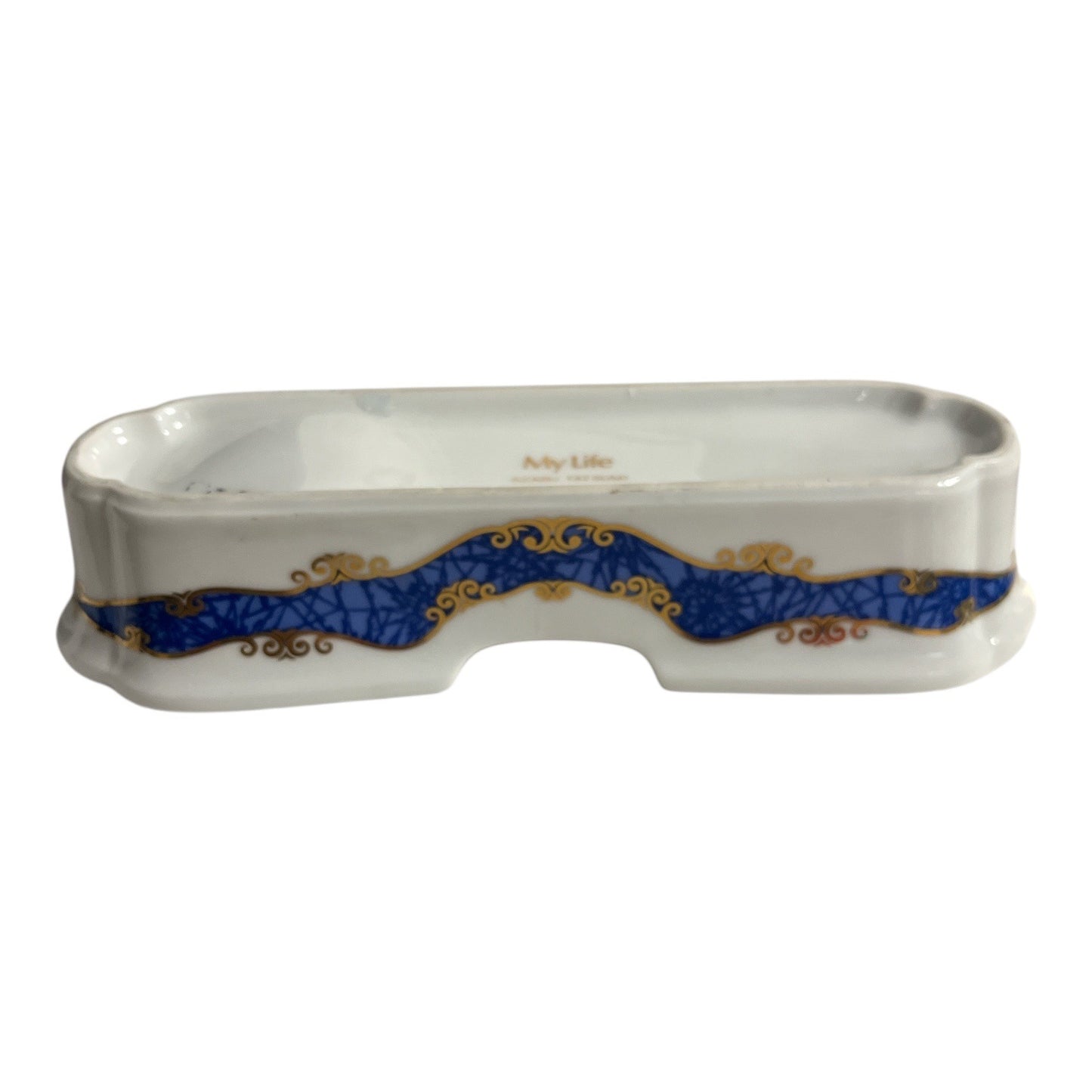 Vintage My Life Azabu Tatsumi Japanese Porcelain Chopstick / Utensil Rest Blue Gold Scroll