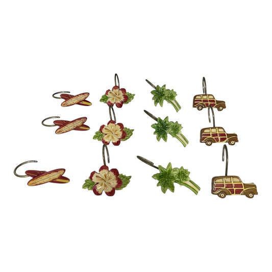 Tropical Shower Curtain Hooks – Surfboards, Hibiscus Flowers, Palm Trees, Woodie Cars