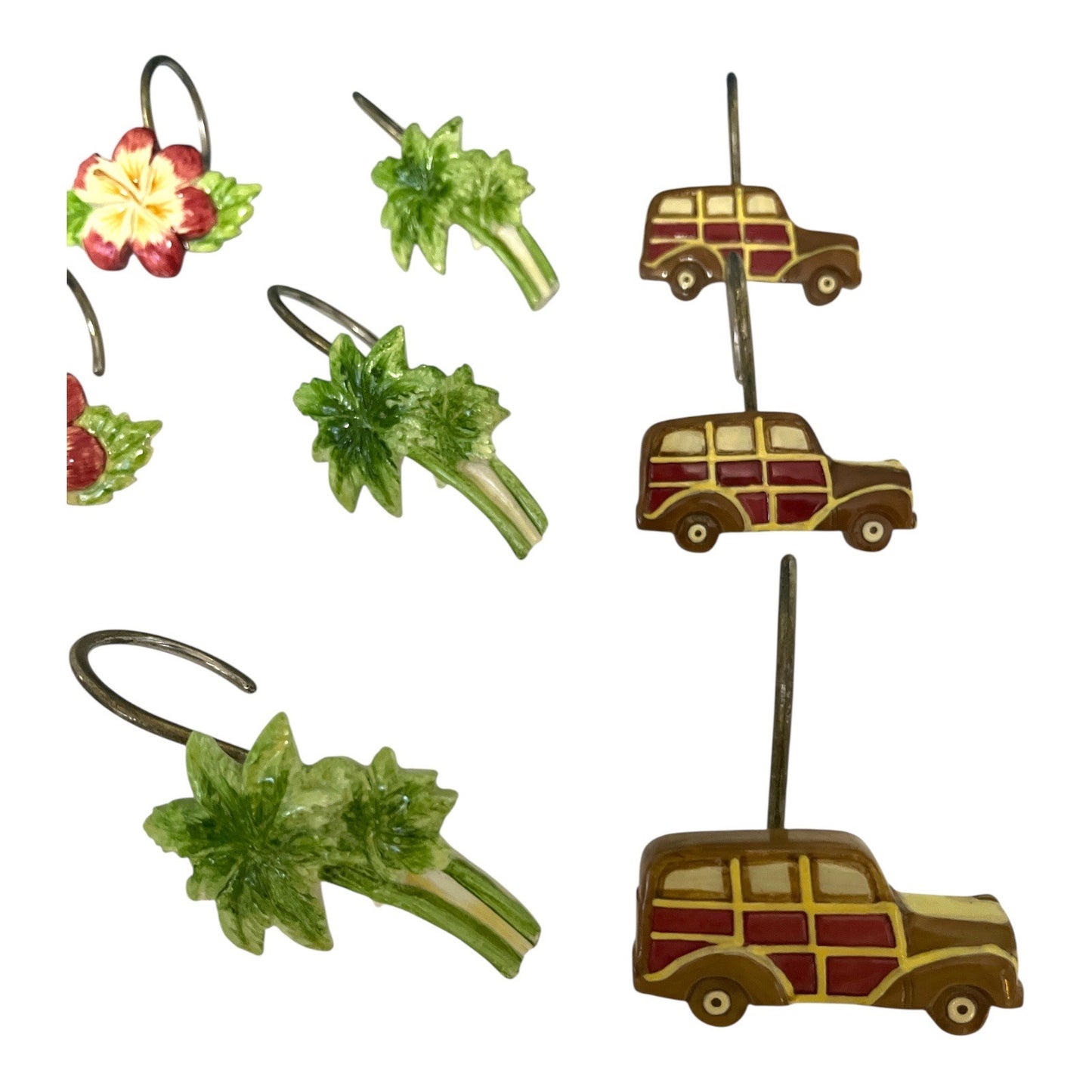 Tropical Shower Curtain Hooks – Surfboards, Hibiscus Flowers, Palm Trees, Woodie Cars