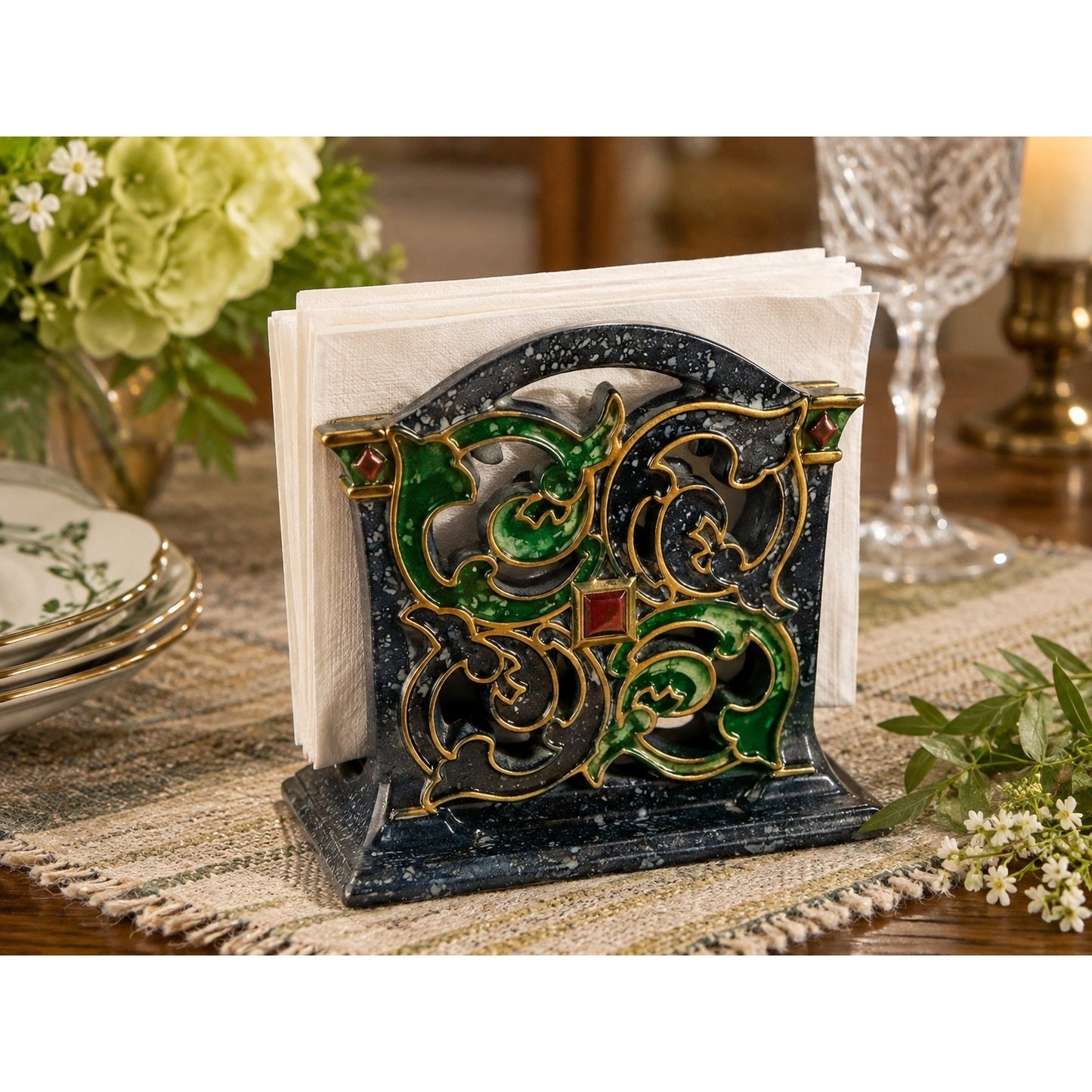 Pfaltzgraff Amalfi Classic Napkin Holder Pat Farrell Blue Green Scroll 199-666-00