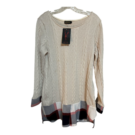Reborn Women’s S Winter White Cable Knit Sweater Tunic – Plaid Trim Hem – Size S NWT
