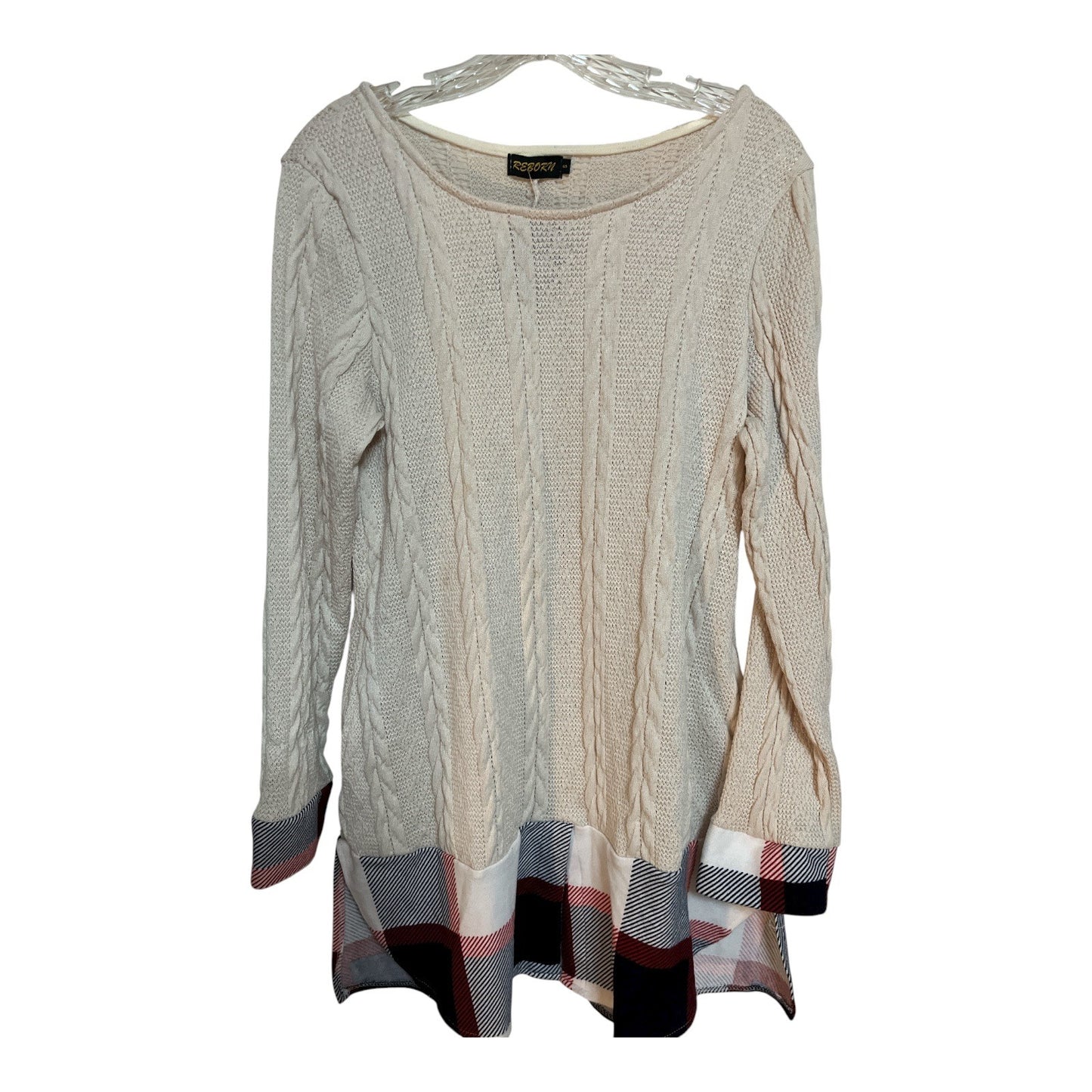 Reborn Women’s S Winter White Cable Knit Sweater Tunic – Plaid Trim Hem – Size S NWT