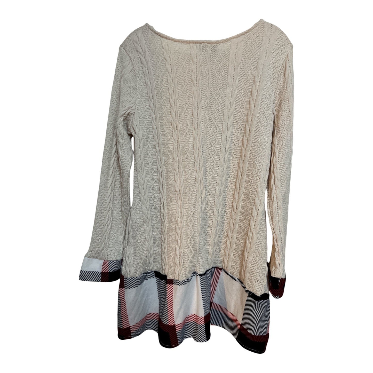 Reborn Women’s S Winter White Cable Knit Sweater Tunic – Plaid Trim Hem – Size S NWT