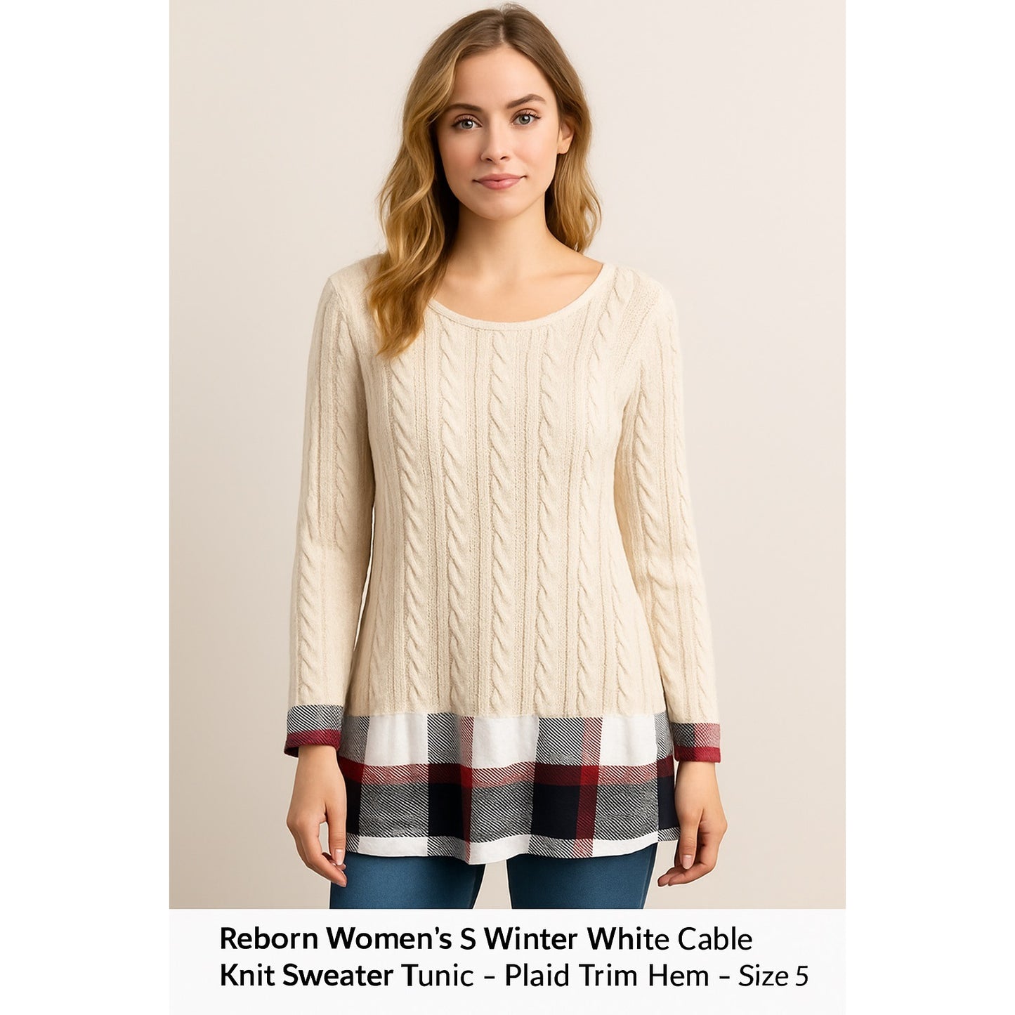 Reborn Women’s S Winter White Cable Knit Sweater Tunic – Plaid Trim Hem – Size S NWT