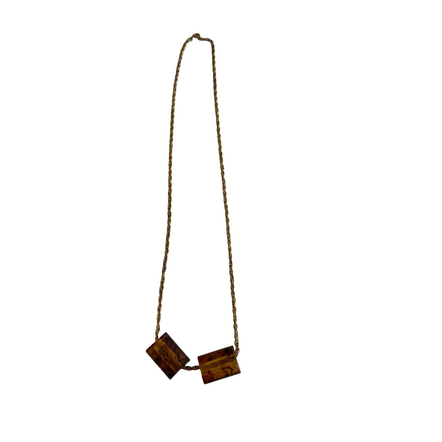 Vintage Amber Lucite Resin Block Necklace Gold Tone Chain Geometric Statement 22in