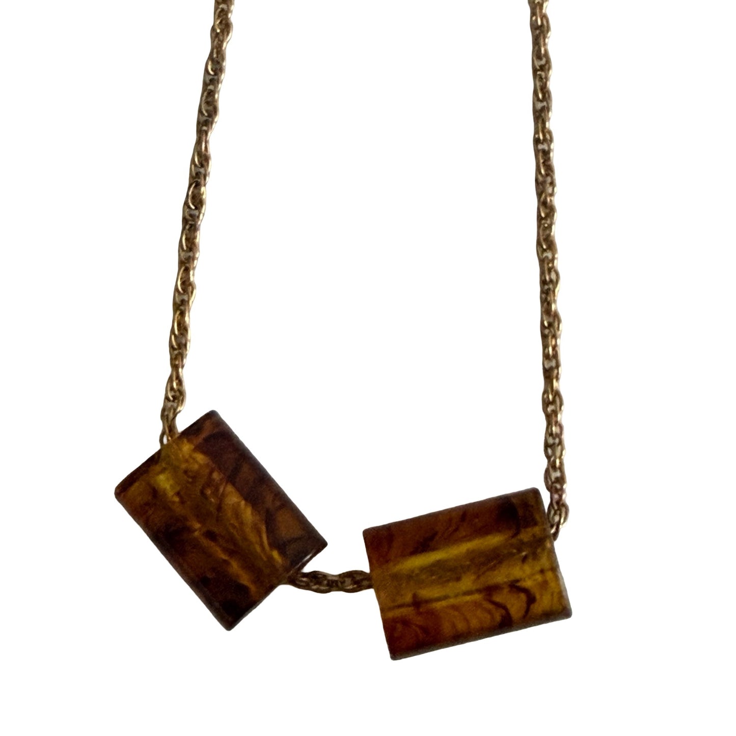 Vintage Amber Lucite Resin Block Necklace Gold Tone Chain Geometric Statement 22in