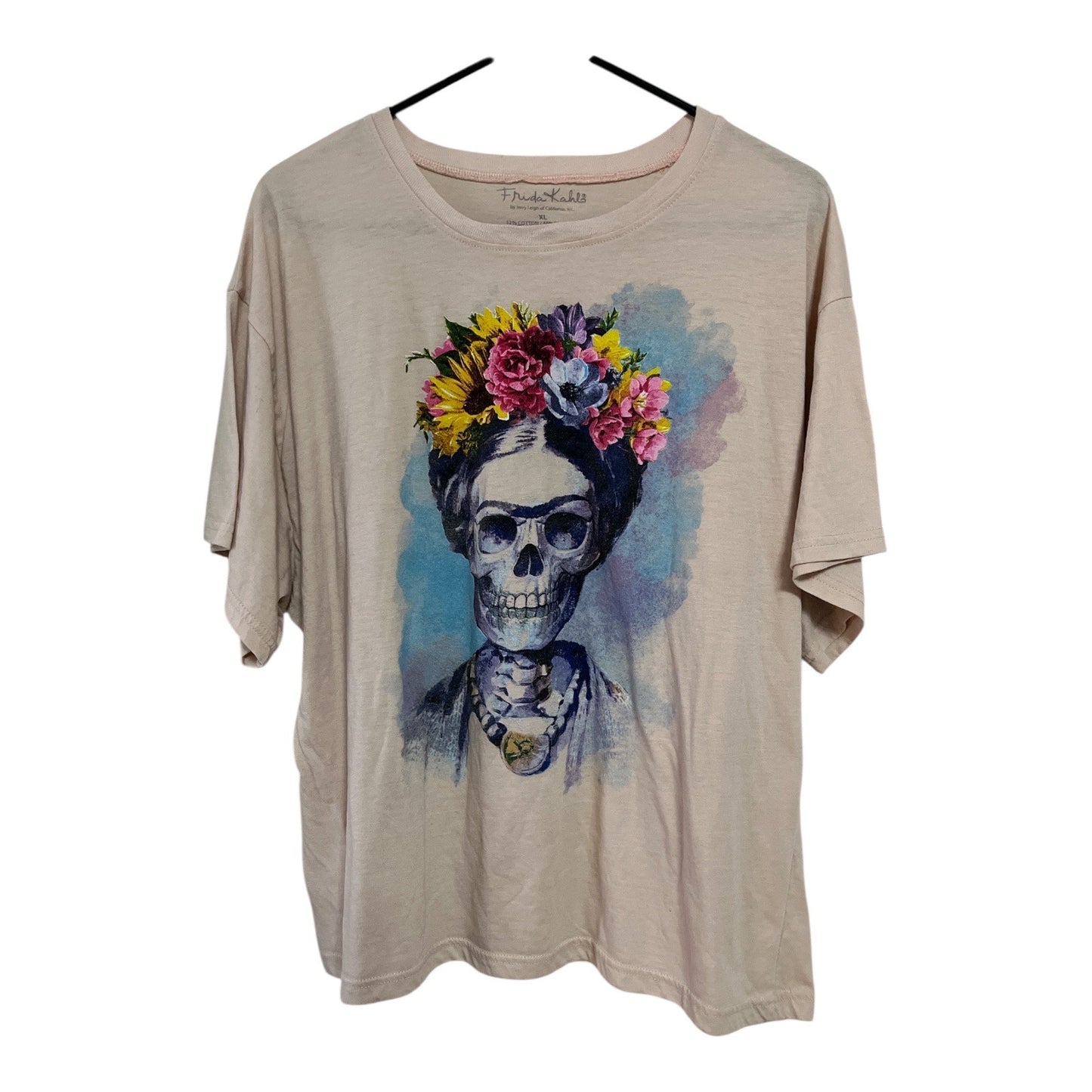 Frida Kahlo Graphic T Shirt XL Jerry Leigh Blush Beige Skull Floral Portrait